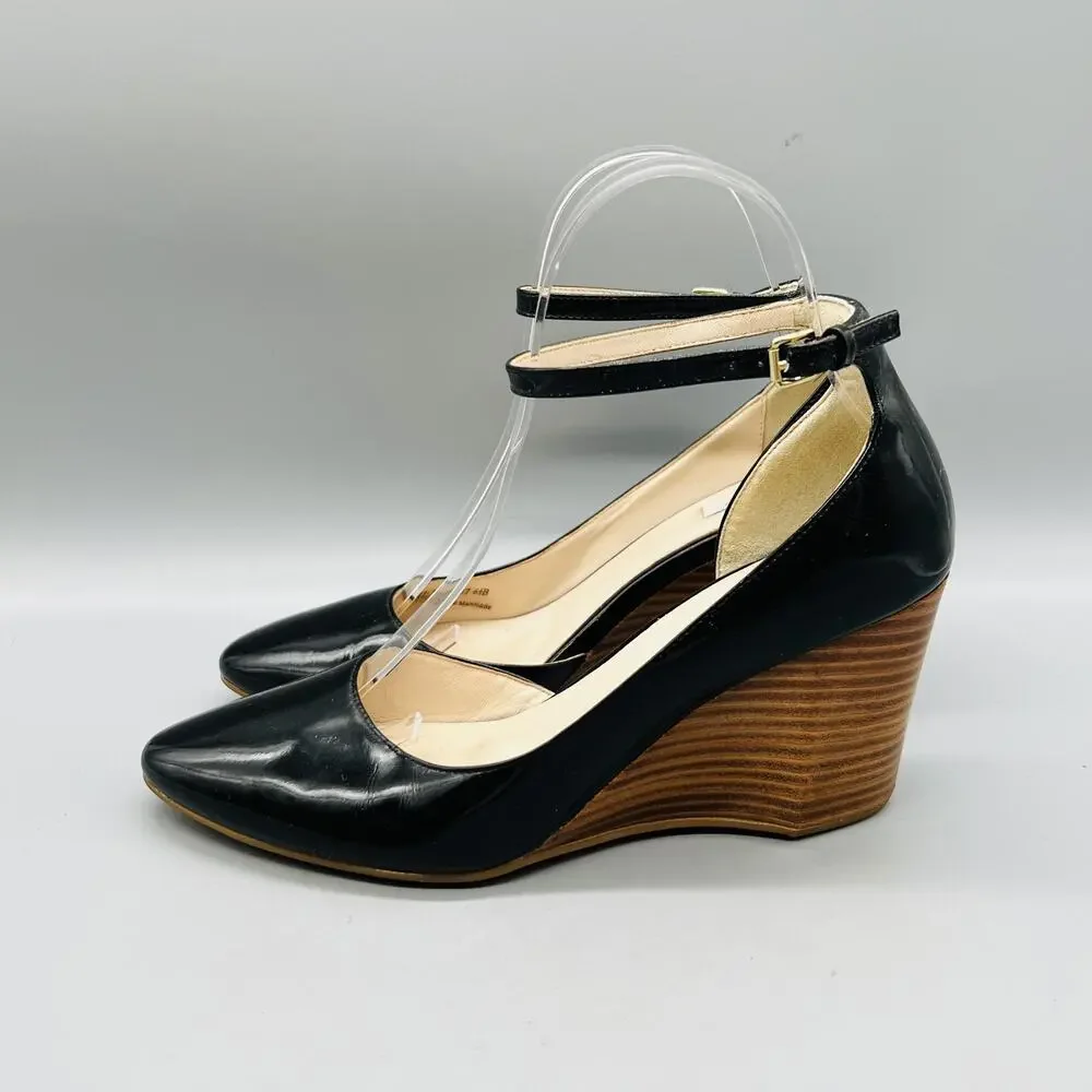 Cole Haan Shoes Womens 6.5 Black Patent Leather Lacey Ankle Strap Wedges Pumps